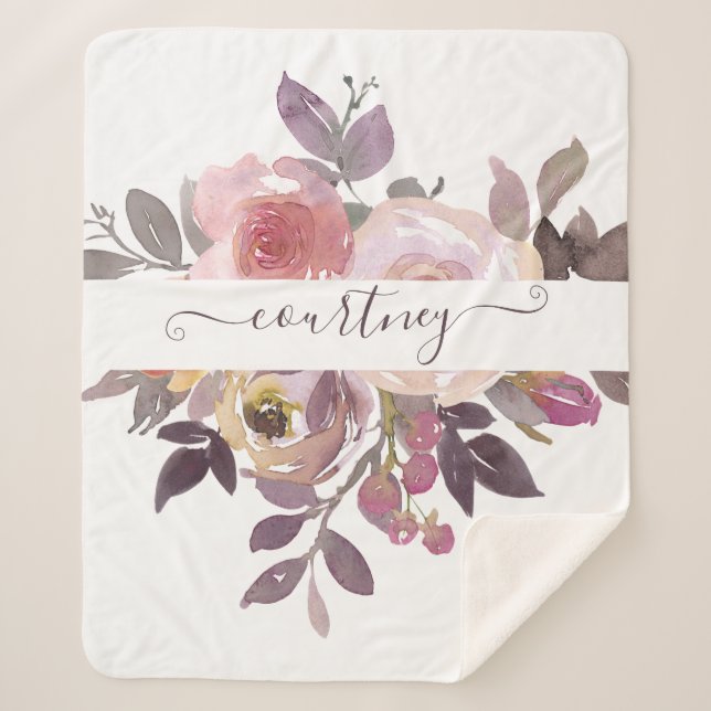 Cobertor Sherpa Pastel rosa e púrpura floral personalizado (Frente)