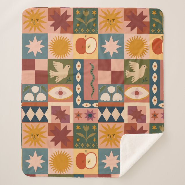 Cobertor Sherpa Patchwork celestial boêmica com símbolos místicos (Frente)