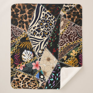 Cobertor Sherpa Patchwork Leopard: Design de Linhagem Étnica.