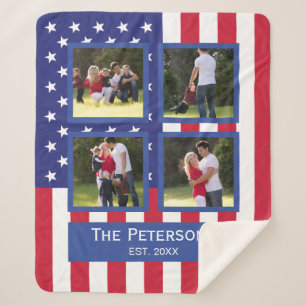 Cobertor Sherpa Patriotic 4 Photo Collage American Flag Monograma 