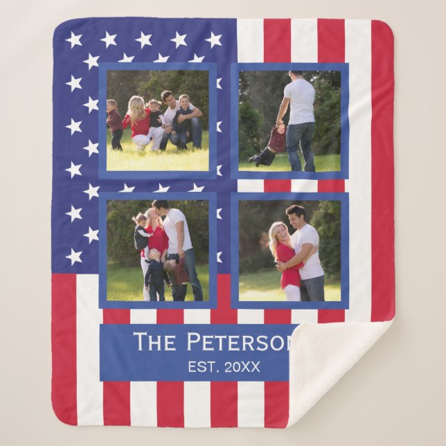 Cobertor Sherpa Patriotic 4 Photo Collage American Flag Monograma  (Frente)