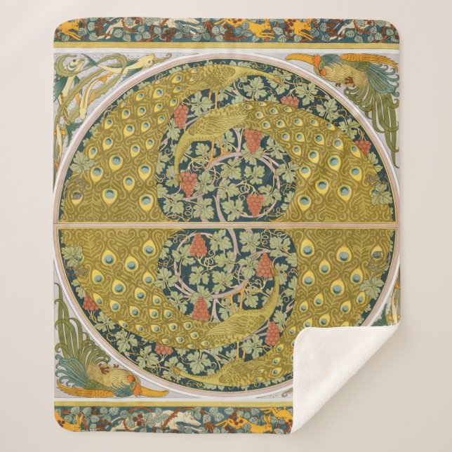 Cobertor Sherpa Peacock Art Nouveau Estilo redondo intrincado desi (Frente)
