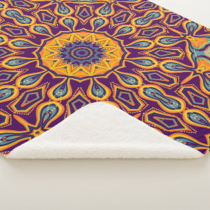 Cobertor Sherpa Peacock Design Purple Teal Orange Mandala