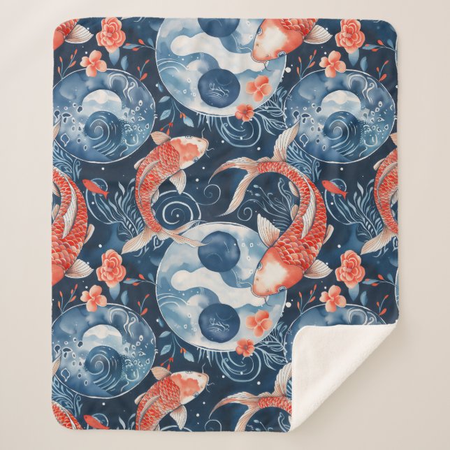 Cobertor Sherpa Peixe Japonês Em Aquarela (Frente)