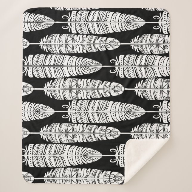 Cobertor Sherpa Penas boho: padrão preto e branco (Frente)