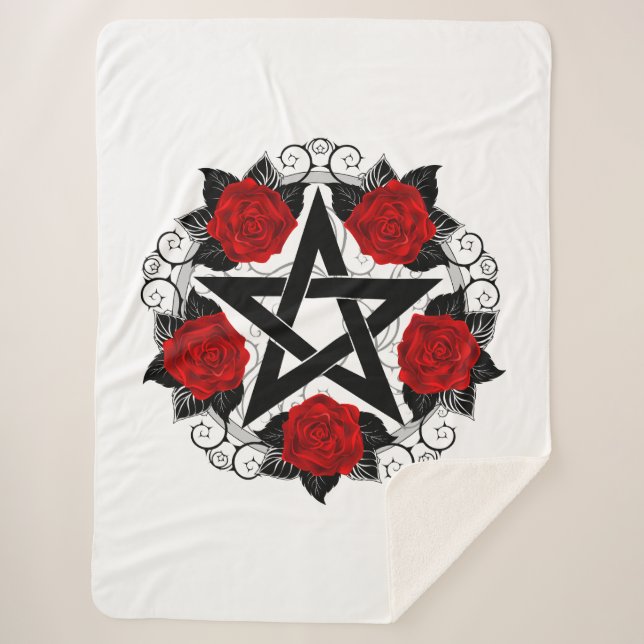 Cobertor Sherpa Pentagrama com Rosas vermelhas (Frente)
