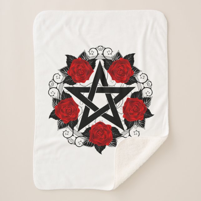 Cobertor Sherpa Pentagrama com Rosas vermelhas (Frente)
