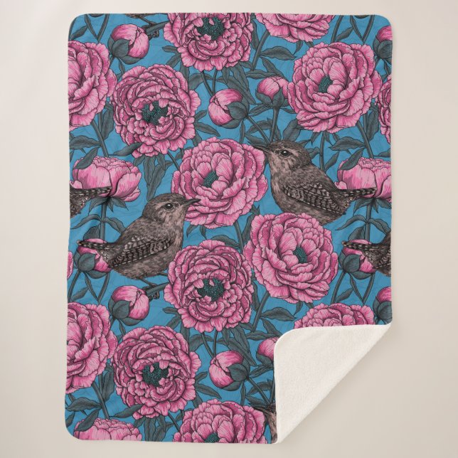 Cobertor Sherpa Peônias e chaves à mão azul (Frente)