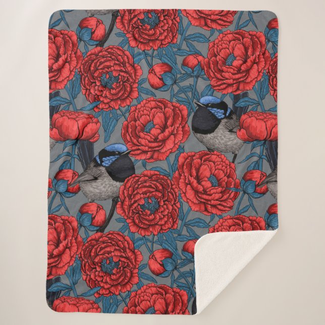 Cobertor Sherpa Peônias e wrenes (Frente)