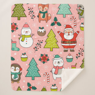 Cobertor Sherpa Personagem de desenho animado, pinheiros e natal, 