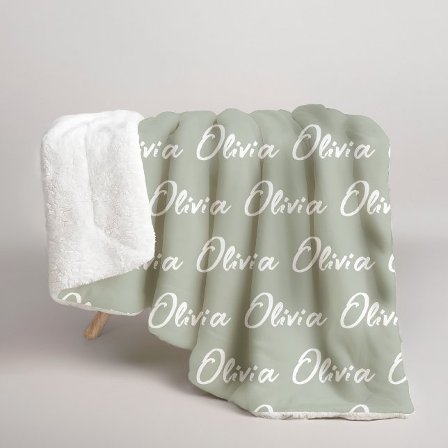 Cobertor Sherpa Personalizado Sage Verde para Mãe  (Custom name minimalist sage green blanket gift for mom, grandma, aunt, newlyweds, newborn, baby gift)