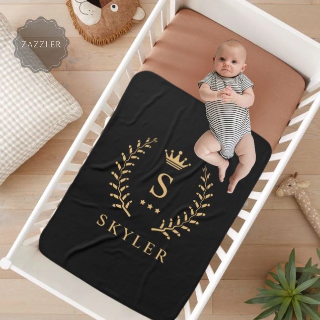 Cobertor Sherpa Personalizar o nome e o monograma Dourado preto in (Customize Name & Initial Black White Gold Monogram Sherpa Blanket)