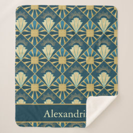 Cobertor Sherpa Personalized Art Deco Teal & Gold Geometric Name