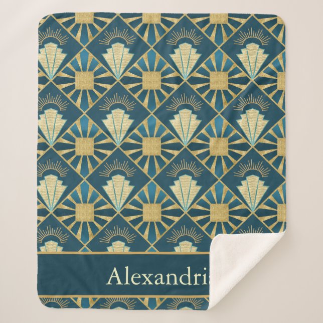 Cobertor Sherpa Personalized Art Deco Teal & Gold Geometric Name  (Frente)