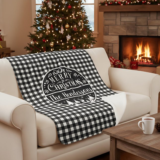 Cobertor Sherpa Personalized Black & White Plaid Merry Christmas (Criador carregado)