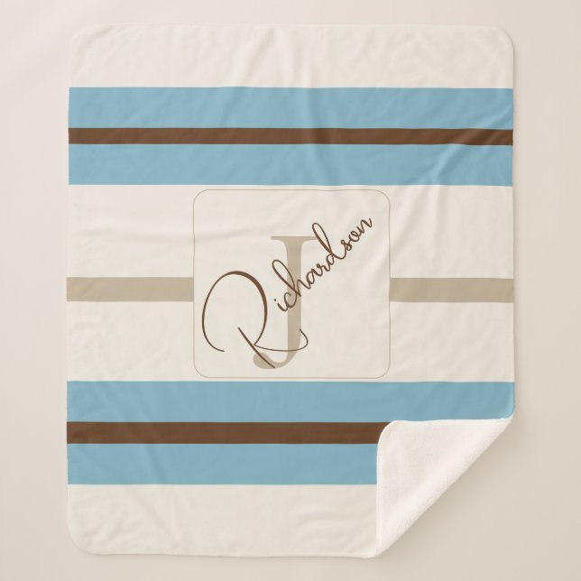 Cobertor Sherpa Personalized Blue Brown Stripe Monogram Coastal  (Frente)