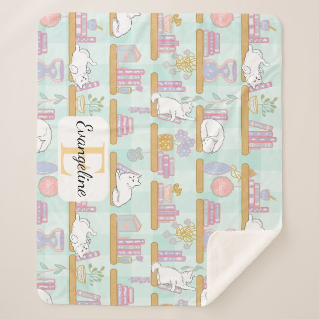 Cobertor Sherpa Personalized Bookish Cat Gift Green Pastel Name (Frente)