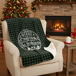 Cobertor Sherpa Personalized Green & Black Plaid Merry Christmas