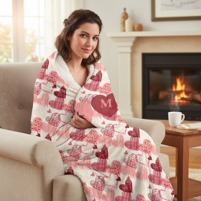 Cobertor Sherpa Personalized Hand Drawn Hearts Pattern (Criador carregado)