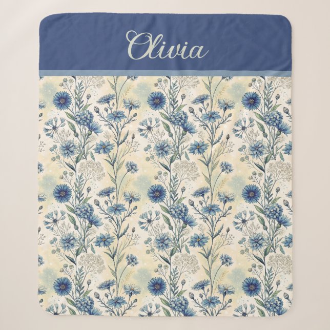 Cobertor Sherpa Personalized Name Blue Wildflowers (Frente)