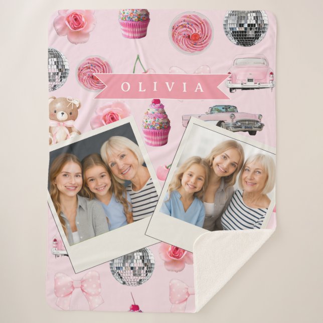 Cobertor Sherpa Personalized Pink Coquette Retro Cute Teddy Bear  (Frente)