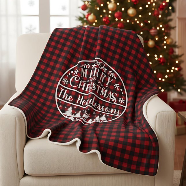 Cobertor Sherpa Personalized Red & Black Plaid Merry Christmas (Criador carregado)