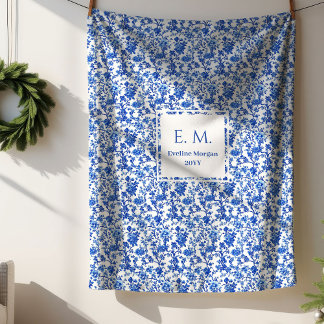 Cobertor Sherpa Personalized Royal Blue Floral Toile Cozy Blanket