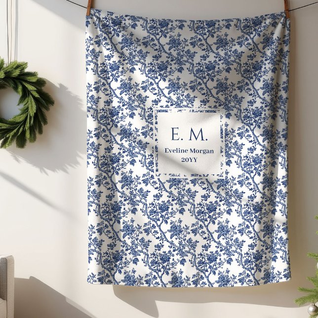 Cobertor Sherpa Personalized Royal Blue Toile Blanket Gift 4 Wife (Personalized Royal Blue Toile Blanket Gift for Wife)