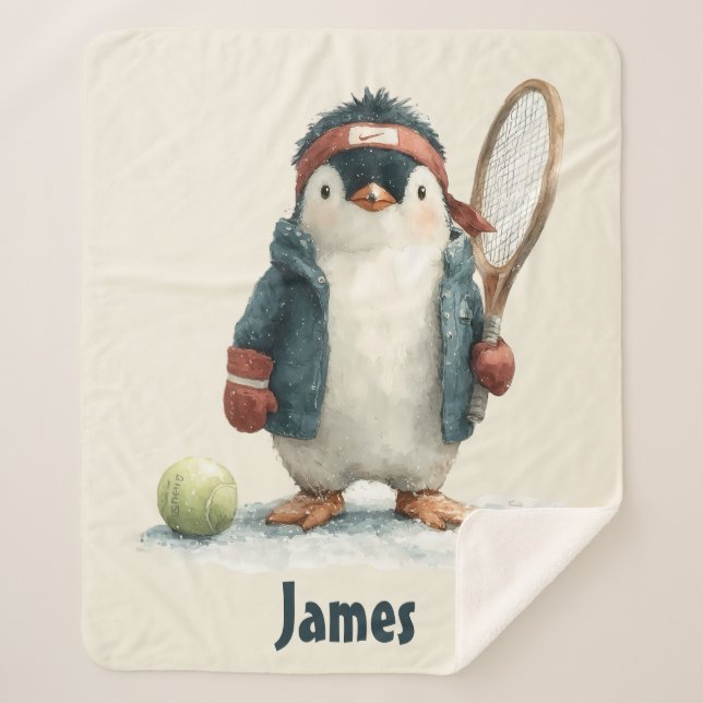 Cobertor Sherpa Personalized Winter Penguin Tennis Kid (Frente)