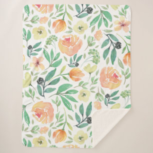 Cobertor Sherpa Pêssego de Pastel e Flores de Aquarelas Amarelas P
