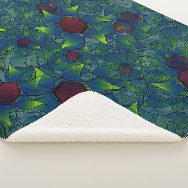 Cobertor Sherpa pétalas virtuais azuis, folhas e hexágono vermelho (3/4)