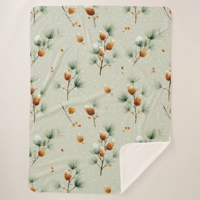Cobertor Sherpa Pinecones de inverno e Ramificações de Neve (Frente)
