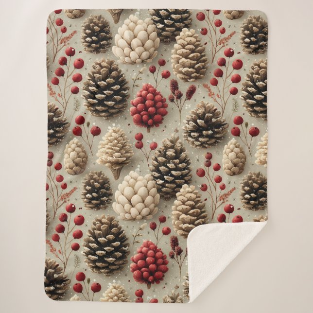 Cobertor Sherpa Pinecones e Berries Vermelhos (Frente)
