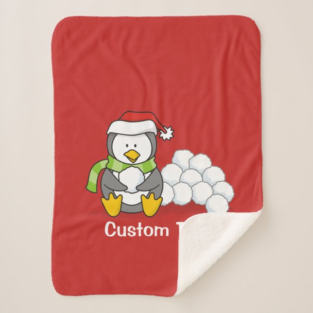 Cobertor Sherpa Pinguim de Natal sentado com bolas de neve (Frente)