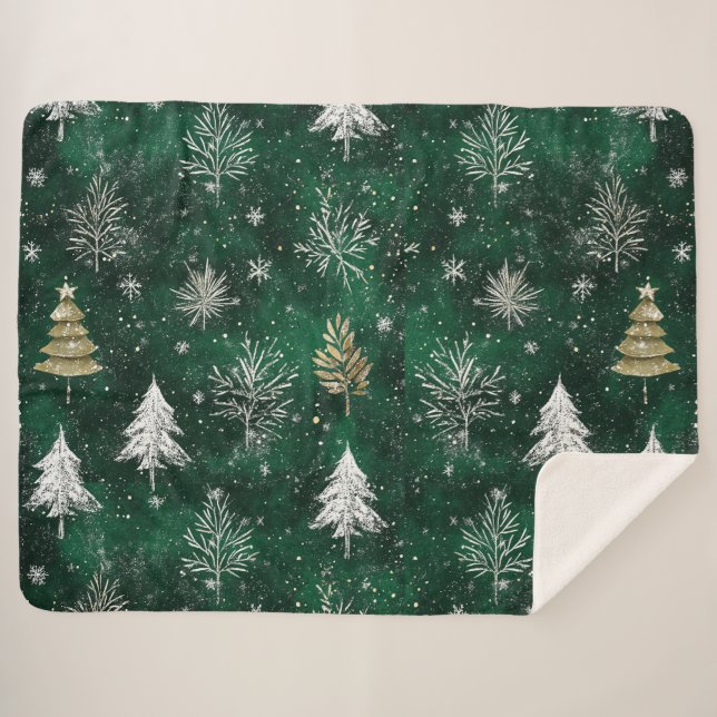 Cobertor Sherpa Pinheiros Dourados Prateados Flocos de Neve Caçado (Frente (Horizontal))