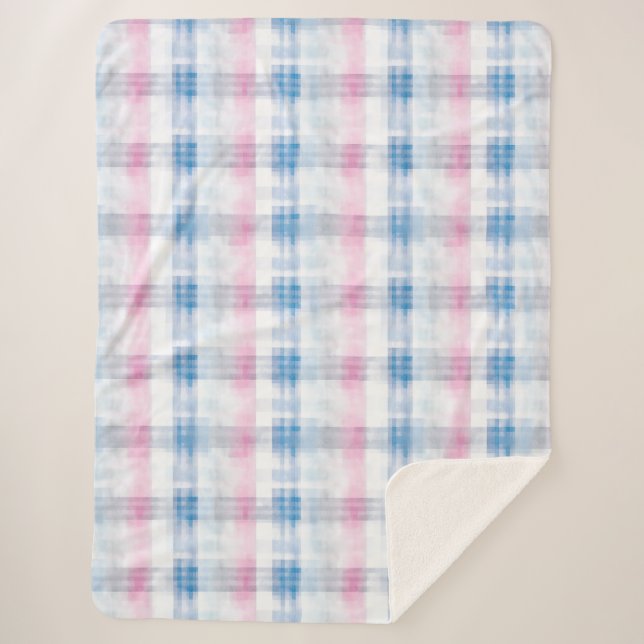 Cobertor Sherpa Pink Blue White Plaid Stripes (Frente)