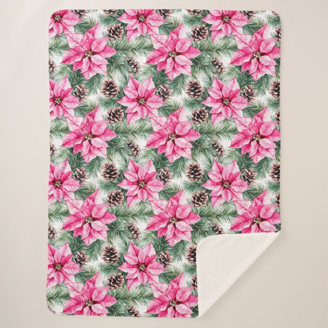 Cobertor Sherpa Pink Silver Glam Poinsettia Flowers  (Frente)