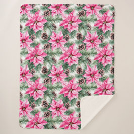 Cobertor Sherpa Pink Silver Glam Poinsettia Flowers Christmas