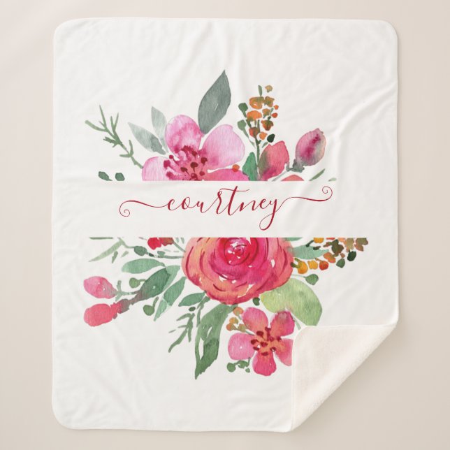 Cobertor Sherpa Pink watercolor floral personalizado (Frente)