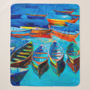 Cobertor Sherpa pintura a óleo de barcos e mar na canvas. Sunset