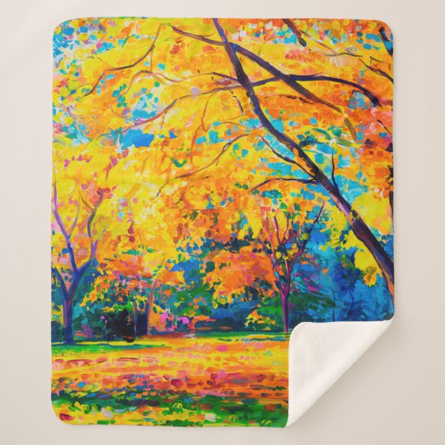 Cobertor Sherpa  pintura a óleo na canvas. Árvores amarelas. Arte  (Frente)