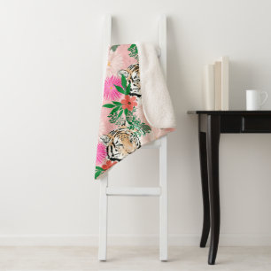 Cobertor Sherpa Pintura Floral de Tigre Branco e Rosa Bonito