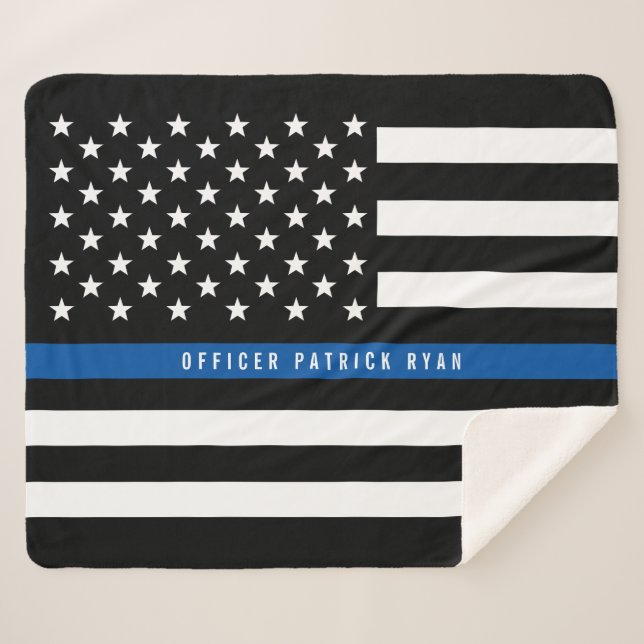 Cobertor Sherpa Polícia Thin Blue Line American Flag Monograma Med (Frente (Horizontal))