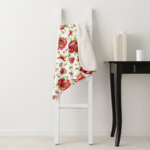 Cobertor Sherpa Poppies vermelhos com folhagem verde em fundo bran