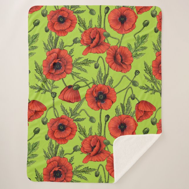 Cobertor Sherpa Poppies, vermelhos e verdes no verde limão (Frente)