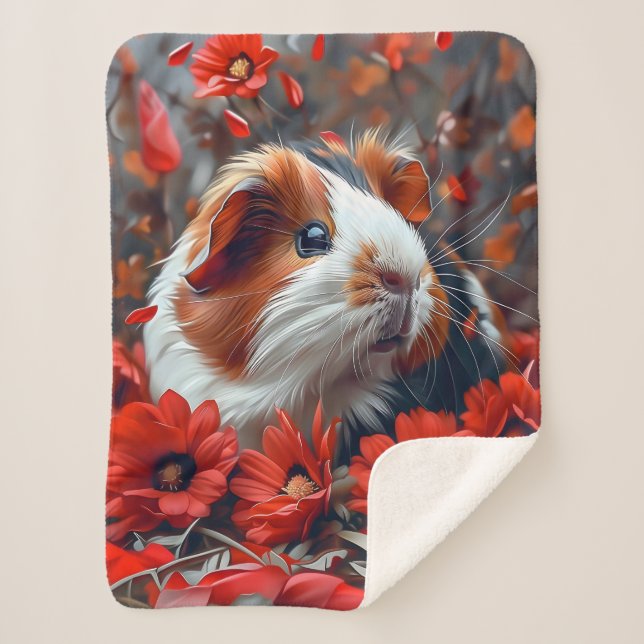 Cobertor Sherpa Porco-guineense entre Flores Vermelhas (Frente)