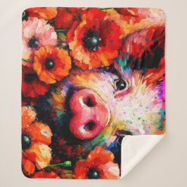 Cobertor Sherpa Porco Impressionista em Flores Vermelhas