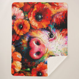 Cobertor Sherpa Porco Impressionista em Flores Vermelhas