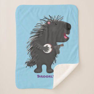Cobertor Sherpa Porcupine engraçado bonito tocando cartum banjo
