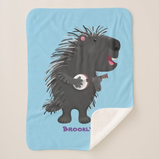Cobertor Sherpa Porcupine engraçado bonito tocando cartum banjo (Frente)